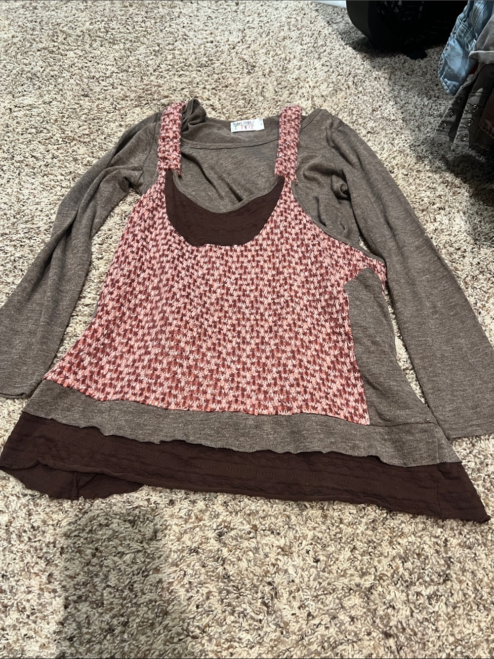 Funky People Layered Knit Tunic with Pink Houndstooth and Brown Trim